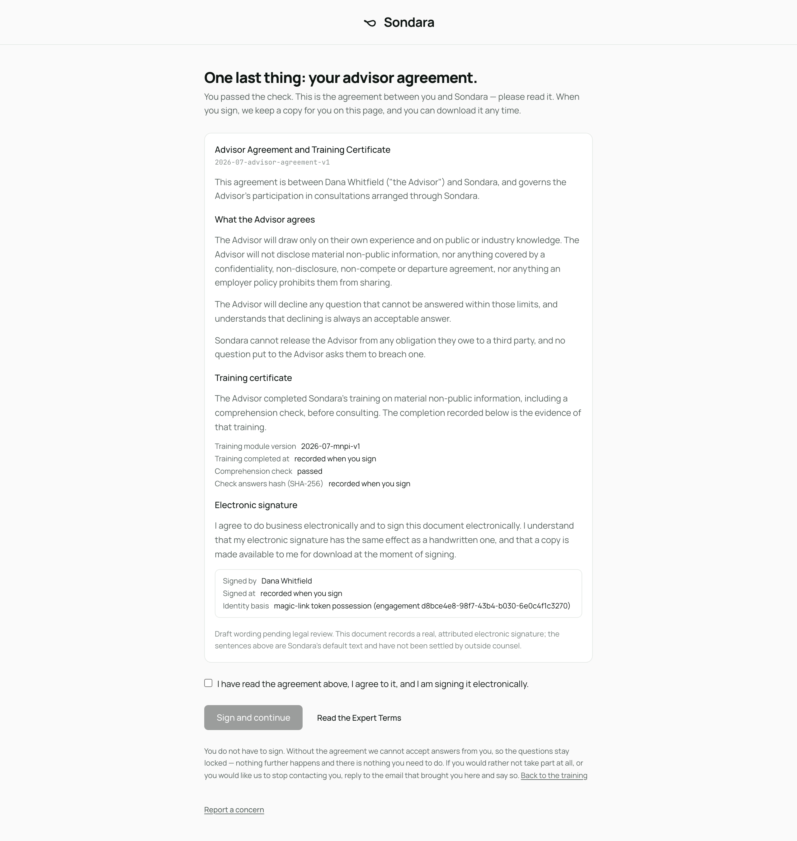 The advisor agreement shown in full on the invite page, with the tick box and the Sign and continue button beneath it