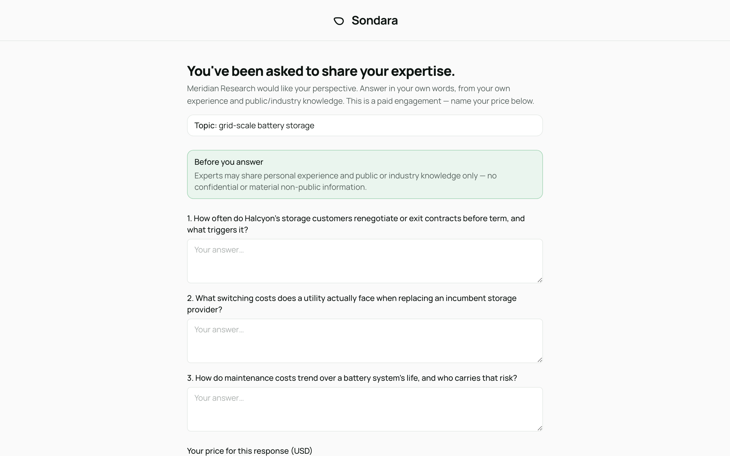 The invite page: the topic, the questions, and the terms you would affirm — all visible before you agree to anything