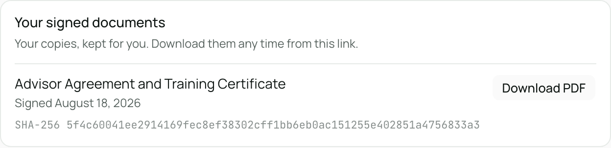 Your signed documents on the invite page: the Advisor Agreement with its signing date, its SHA-256 fingerprint, and a Download PDF button