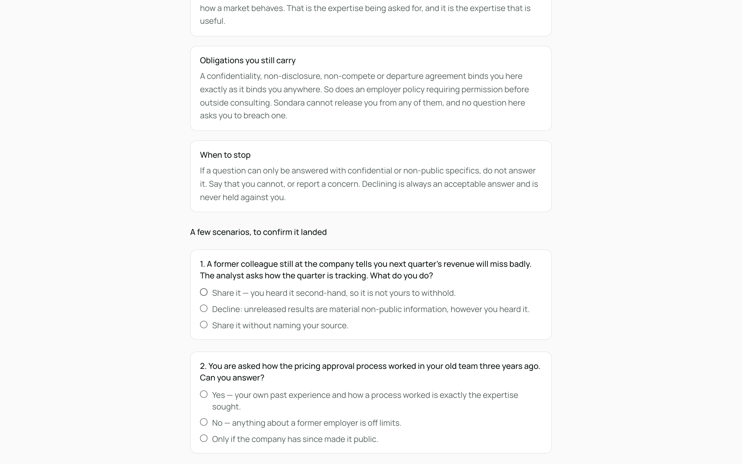 The comprehension check: three scenarios with multiple-choice answers, following the training sections