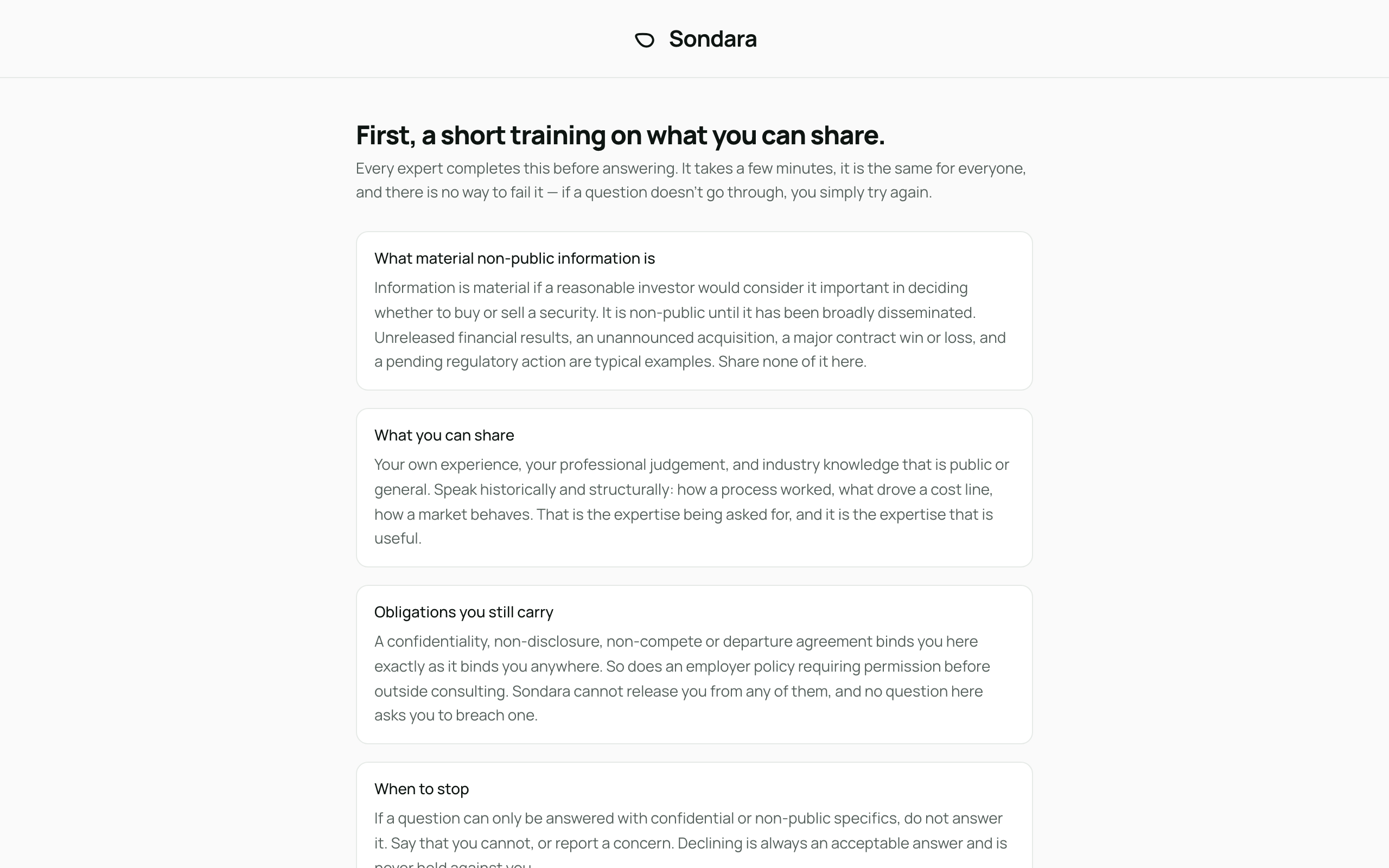 The training module: four short sections on what material non-public information is, what you can share, what obligations still bind you, and when to stop